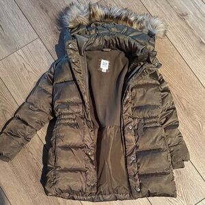 GAP Kids Olive Puffer Jacket with Faux Fur Trim